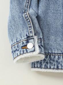 SHEIN Vintaside Kids 女童牛仔夹克和外套，全新秋冬系列，中蓝色牛仔布，学院风，可爱优雅，修身休闲，可拆卸荷叶边袖口和衣领，柔软棉质衬里，适合日常穿着、派对、旅行、返校