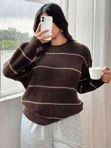 Dazy Plus Suéter solto listrado com blocos de cores contrastantes, tamanho grande feminino, outono/inverno - Castanho - Ver 6