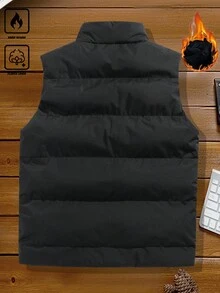 Manfinity Homme 男士秋冬立领黑色羊毛背心，棕色绗缝设计加厚棉服，休闲百搭无袖外套，男友礼物 - 黑色 - 查看 2