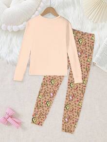 2 件套女童可爱熊动物印花杏色上衣搭配可爱熊豹纹印花图案圆领长袖针织面料柔软有弹性的紧身家居服套装 - 彩色 - 查看 2