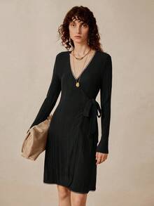 Chiquease Women's Solid Color V-Neck Long Sleeve Wrap Tie Casual Mini Dress - Black - View 5