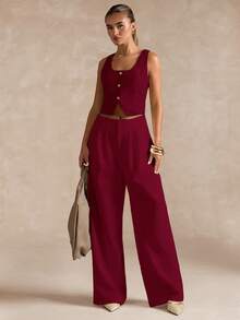 SHEIN BAE Áo vest hở lưng màu trơn gợi cảm thời trang dành cho nữ - Màu Đỏ Sâu - Xem 4