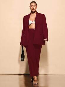 SHEIN BAE Women's Plus Size Elegant Black Slim Fit Long Sleeve Suit Jacket, Perfect For Going Out/Winter - Maroon - View 4