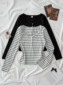 SHEIN 2 件棉质条纹半拉链圆领修身长袖 T 恤，适合青少年、冬季、Y2K 和街头服饰 - 彩色 - 查看 2