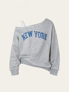 SHEIN Explorewe Tween Girls Asymmetrical Shoulder Floral Print Sweatshirt - Grey - View 6