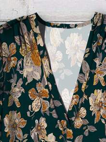 EMERY ROSE 女士休闲复古花卉V领衬衫，适合秋夏季 - 墨綠色 - 查看 3