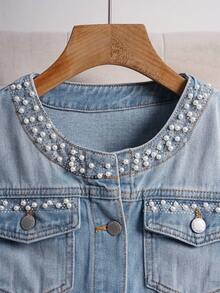 EMERY ROSE Women's Autumn Faux Pearl Decor Single-Breasted Casual Denim Jacket Pearl Embellished Denim Jacket Jean Jacket With Pearl Collar Light Wash Denim Jacket Women Denim Jacket Cropped Denim Jacket Jean Jacket For Women Denim Jacket For Women Women Light Wash Denim Jacket Women Jean Jacket Long Sleeve Denim Jacket Beaded Denim Jacket - Light Wash - View 5