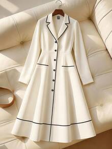 GlowEve CURVE 大码女式 V 领法式商务优雅长袖白色撞色黑色饰边长袖休闲中长连衣裙，适合通勤，秋冬 - 白色 - 查看 1