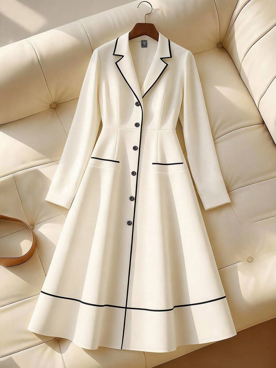 GlowEve CURVE 大码女式 V 领法式商务优雅长袖白色撞色黑色饰边长袖休闲中长连衣裙，适合通勤，秋冬 - 白色 - 查看 1