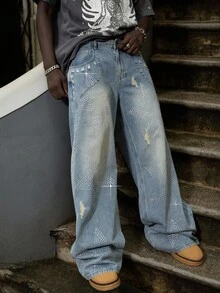 ROMWE MEN Street Life Men's Casual Washed Distressed Star Rhinestone Ripped Wide Leg Jeans - Dark Wash - View 1