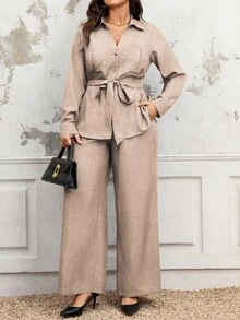 Linhara 女士优雅休闲通勤度假纯色实用衬衫领 V 领口袋金属纽扣装饰收腰系带 A 字长袖衬衫 + 松紧腰宽松直筒裤，春/秋/冬 - 摩卡棕 - 查看 5