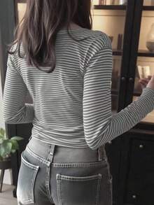 EMERY ROSE Women's Button Half-Placket Long Sleeve Casual Loose Striped T-Shirt - Multicolor - View 2