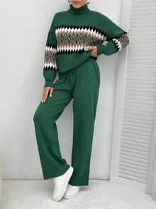 EURMUSE Women's Geometric Pattern High Neck Sweater 2pcs/Set - Multicolor - View 3