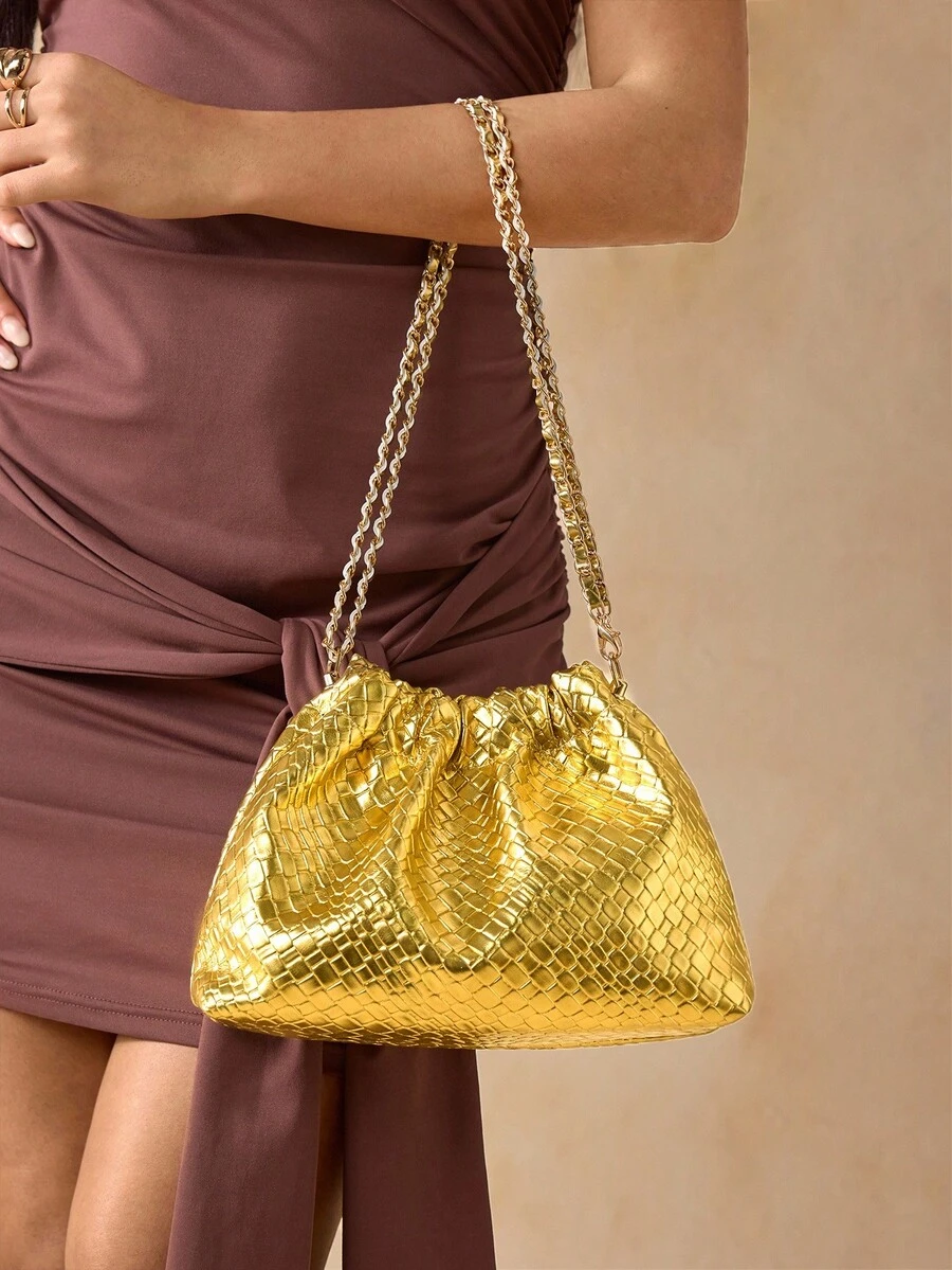 SHEIN SXY 女士、女式单肩包、流浪包、编织压花 PU、金色、时尚、优雅、简约、个性化、多功能、经典、适合通勤、办公室、约会、日常、购物、下午茶 - 金色 - 查看 1