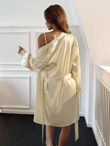 Aloruh 4pcs Set: Embroidery Lace V-Neck Faux Silk Camisole Top And Shorts And Robe Silk Pajama Set Women Satin Sleepwear Set Silk Sleepwear Fall Clothes For Women Women Silk Robe Set Lace Trim Satin Pajama Set Halloween, Winter Clothes - Beige - View 10