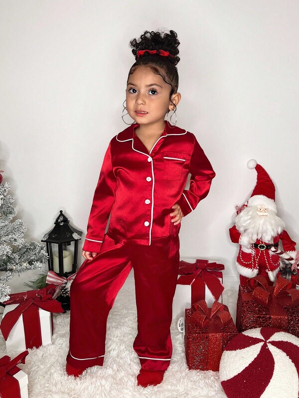 Young Girl Contrast Color Collar Shirt And Casual Pants Set, Autumn/Winter Pajama Set, Collegiate Style, Comfortable Loungewear Set, Suitable For Christmas, Girls Christmas Sleepwear Fall