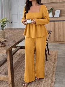 EMERY ROSE 大码女式纯色方领长袖荷叶边下摆衬衫和阔腿裤休闲两件套 - 芥末黃 - 查看 6