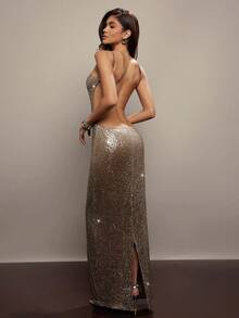 Hauture Ombre Sequin Cut Out Backless Halter Maxi Dress - Fall Sexy Mob Wife Party Low Back Glam - Brown - View 2