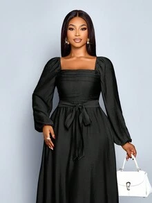 SOLERSUN Women's Plus Size Frenchy Solid Color Square Neck Long Sleeve Front Ruched Ruffle Hem A-Line Casual Elegant Dress , Spring/Summer New Women's Dresses