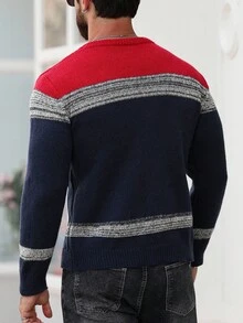 Manfinity Homme 男士撞色麻花图案圆领长袖休闲毛衣，秋冬 - 彩色 - 查看 2