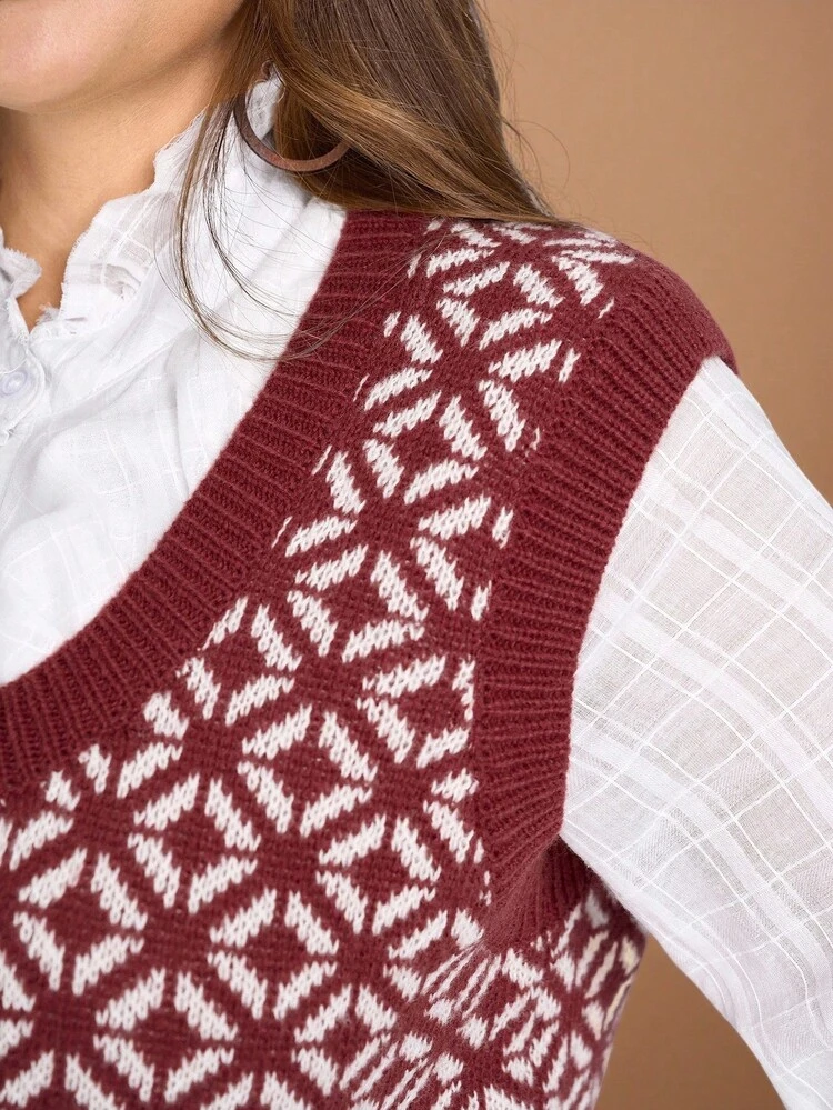 Plus Size Casual Red Argyle Knit Vest, Christmas Jumper ,Fall Clothes For Women