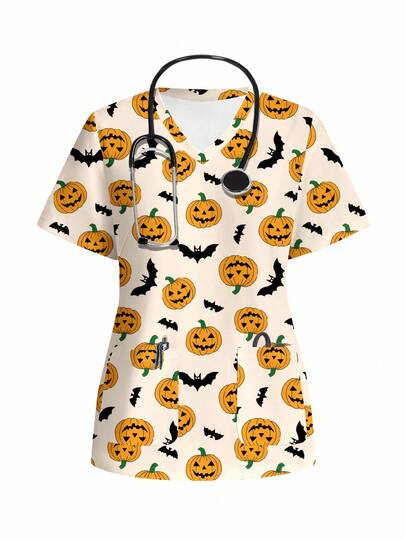 PopScrub ملابس علوية يونيفورم كاجوال ذو طابع هالوين بسيط، ملابس علوية هالوين، ملابس علوية نسائي، ملابس علوية يونيفورم بتصميم خفافيش وقرع، ملابس علوية هالوين جميل، ملابس علوية يونيفورم كرتوني