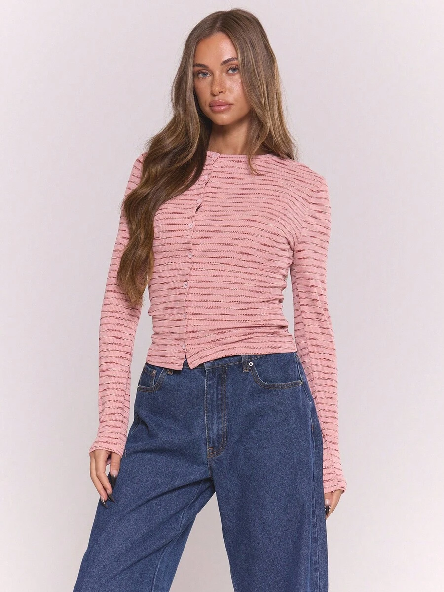 MUSERA Asymmetric Button Down Long Sleeve Stripe Ribbed Crew Neck Top Old Money Cute Country Cottage Core Casual Lounge For Women Butterscotch ,Elegant Festive, Holidays Spring Summer - Pink - View 1