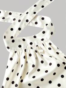 SHEIN MOD 米色和黑色波点缎面系带露背吊带上衣，高领露背设计，复古优雅的宫廷风格，适合约会、派对、Y2K、节日和生日穿着，万圣节服装，度假女装，2000年代风格。 - 杏色 - 查看 3