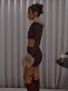 MUSERA Plunge V Neckline Button Down Fur Trim Detail Crop Top & Skirt Set Streetwear Classy Casual Sexy Going Out Fall Autumn Toffee Party Spring - Multicolor - View 4