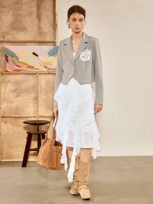 Franclia 女士优雅蕾丝拼布长袖短款灰色西装外套，春秋装 - 灰色 - 查看 5