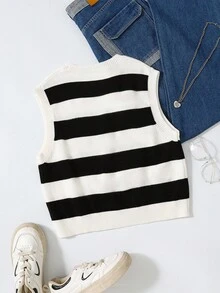 SHEIN Teen Girl Fashionable Contrast Color Sleeveless Striped Knit Cropped Sweater Vest, Suitable For Home, Outing, Party, Back To School Fall Winter Christmas Halloween Autumn Fall Jumpers Cozy - Black and White - View 2