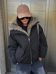 DAZY Women's Fur Collar Patchwork Padded Coat, Autumn/Winter Jacket Y2k - Black - View 11
