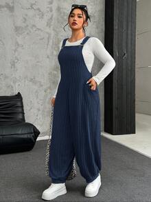 SHEIN EZwear Quần yếm thun gân màu xanh xám cỡ lớn, thu/đông - Màu xanh ngọc - Xem 5