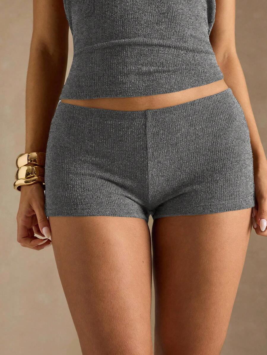 SHEIN BAE Quần short cạp trễ màu trơn có gân thường ngày dành cho nữ, đa năng cho việc đi lại hàng ngày, mùa hè - Màu xám đen - Xem 1