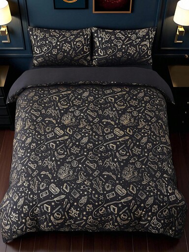 HARRY POTTER X SHEIN Set de huse de pilotă cu imprimeu metalic, 3 bucăți, husă de pilotă neagră, moale și confortabilă, caldă și lavabilă la mașină, potrivită pentru paturi twin/double/queen/king size, dormitor/acasă