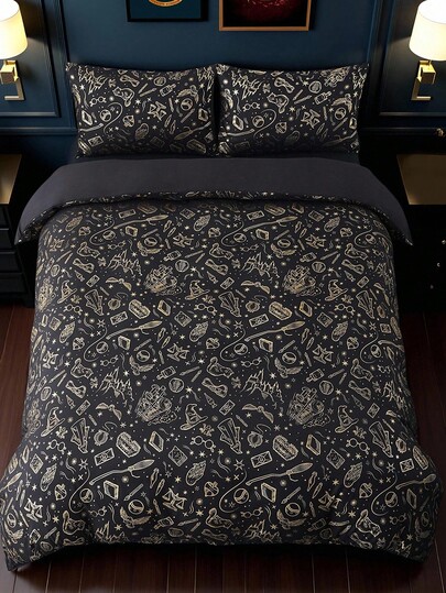HARRY POTTER X SHEIN 3pcs Metallic Print Duvet Cover Set, Black Duvet Cover, Soft & Cozy, Warm & Machine Washable, Suitable For Twin/Full/Queen/King Size Bed, Dorm/Home