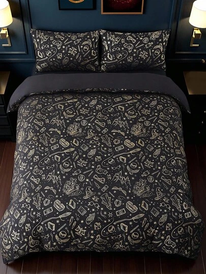 HARRY POTTER X SHEIN 3 st påslakanset med metalliskt tryck, svart påslakanset, mjukt och mysigt, varmt och maskintvättbart, lämpligt för enkelsäng/dubbelsäng/queen size-säng, studentrum/hemma