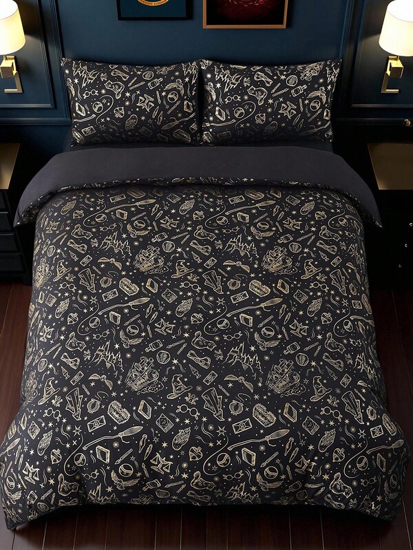 HARRY POTTER X SHEIN 3pcs Metallic Print Duvet Cover Set, Black Duvet Cover, Soft & Cozy, Warm & Machine Washable, Suitable For Twin/Full/Queen/King Size Bed, Dorm/Home