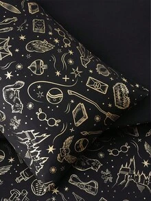 HARRY POTTER X SHEIN 3 件套金属印花羽绒被套，黑色羽绒被套，柔软舒适，温暖，可机洗，适用于单人床/双人床/大号床/特大号床、宿舍/家居 - 黑色 - 查看 6