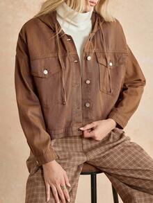 Écloséra 翻蓋口袋落肩袖抽繩連帽牛仔夾克 - 棕色 - 查看 7