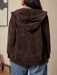 Zelara 复古硬币图案拉链长袖卫衣，大码女款，棕色卫衣，棕色外套，棕色秋冬感恩节卫衣 - 咖啡棕 - 查看 4