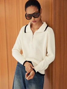 Lumivelle Elegante suéter de cuello redondo con cremallera y manga larga, estilo universitario para dama - Albaricoque - Ver 5