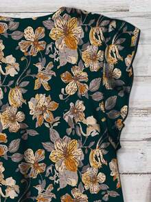 EMERY ROSE 女士休闲复古花卉V领衬衫，适合秋夏季 - 墨綠色 - 查看 4