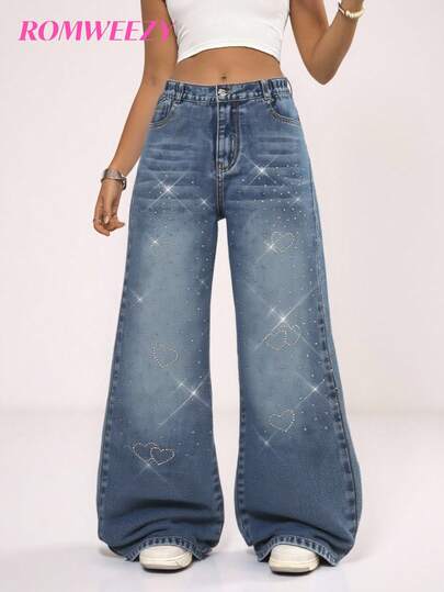 Tween Girls' Heart Rhinestone Embellished Straight Leg Jeans, Suitable For Back To School, Spring, Summer, Autumn And Winter, Retro Vintage Fashion Versatile Campus Street Style! Vintage Washed Blue Comfortable Denim Fabric, Decorated With Heart Rhinestone Embellishment And Distressed Details, High Waist Elastic Waistband + Zipper Design For Easy Wear Fall
