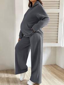 SHEIN 2 件套孕妇纯色落肩长袖连帽运动衫和可调节腰部运动裤，秋冬休闲装 - 深灰色 - 查看 4