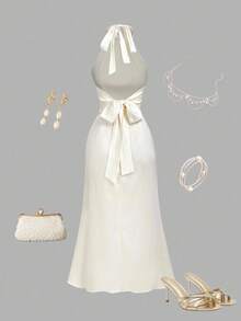 SHEIN MOD 女士蝴蝶结露背修身美人鱼连衣裙，秋冬，万圣节，圣诞节，外出，可爱，哥特，时尚，休闲，婚礼，优雅 - 杏色 - 查看 1