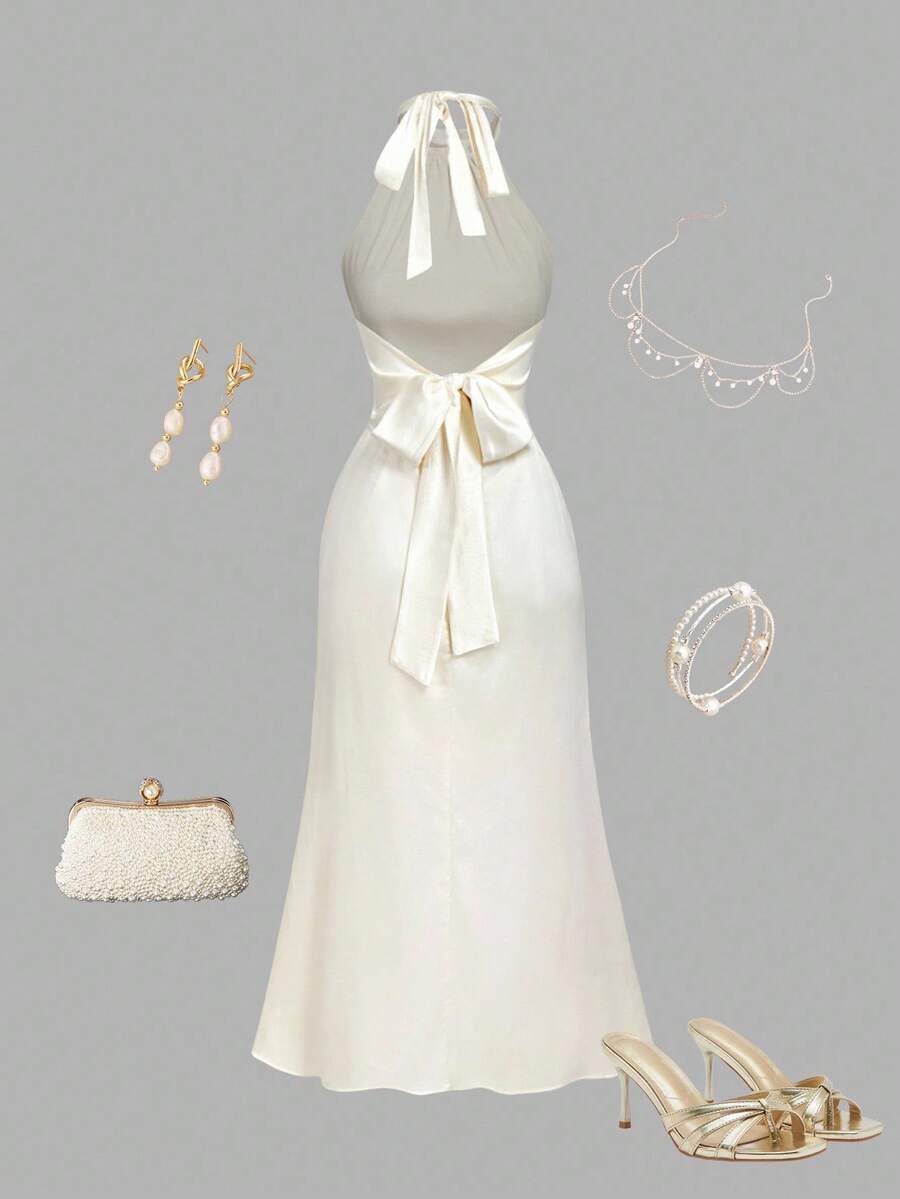 SHEIN MOD 女士蝴蝶结露背修身美人鱼连衣裙，秋冬，万圣节，圣诞节，外出，可爱，哥特，时尚，休闲，婚礼，优雅 - 杏色 - 查看 1