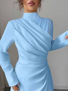 Firerie Robe longue élégante pour femmes, col rond, taille froncée, style A, manches longues, couleur unie, idéale pour le bureau, les déplacements, les vacances, les fêtes, le style rétro d'enseignante. Robe bleu clair, robe col montant, robe plissée style A, vêtements printemps automne hiver. Élégante, déplacements, rendez-vous, fête, mariage, remise de diplôme, soirée, tenue de travail, rentrée scolaire, fête annuelle, robe d'anniversaire pour femme