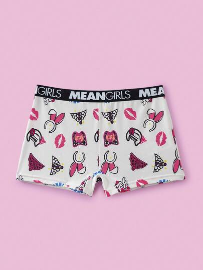 Mean Girls X SHEIN 1pc Women's Comfortable Cute Cartoon Pattern Letter Waistband Boyshorts, Cute Cartoon Print Boxer Briefs Womans Boxers