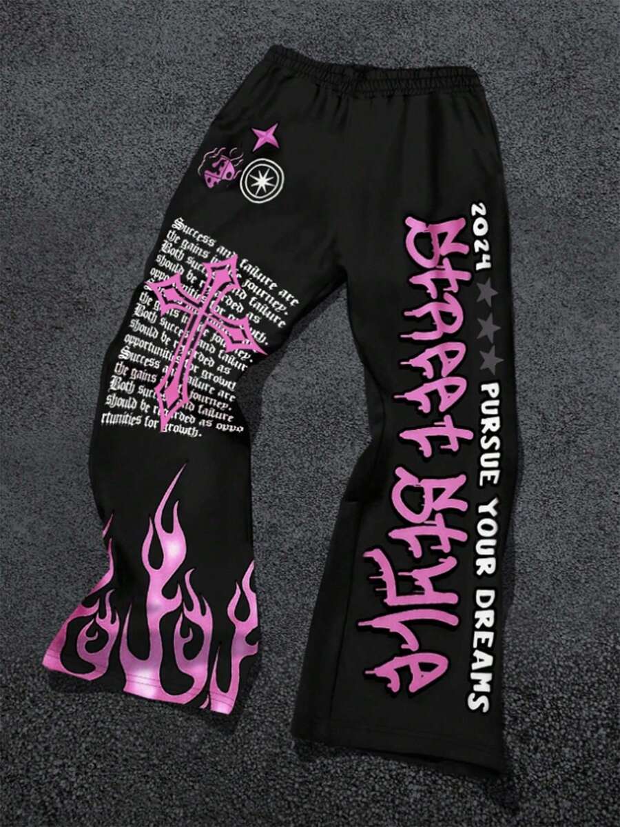 Tween Boy Casual Minimalist Letter Print Flare Pants, Suitable For Summer Fall Winter - Multicolor - View 1